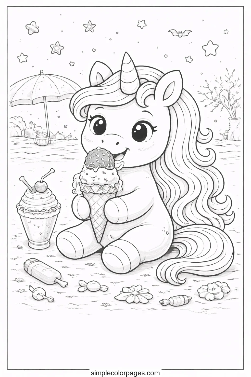 Preview of Unicorn Summer Ice Cream Coloring Page