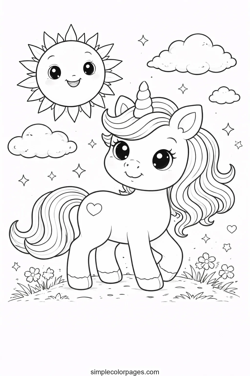 Preview of Unicorn Sun and Clouds Coloring Page