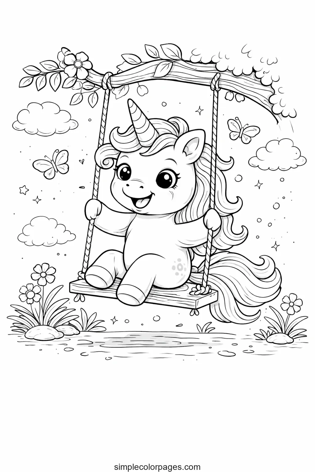 Preview of Unicorn on Swing Coloring Page