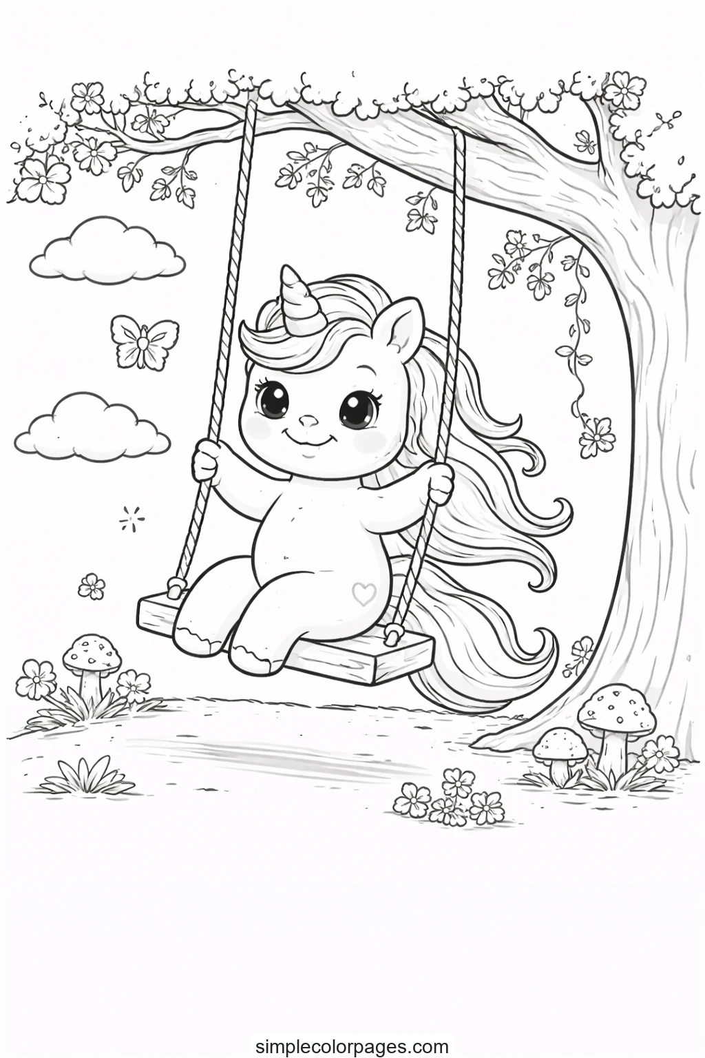 Preview of Unicorn on Tree Swing Coloring Page
