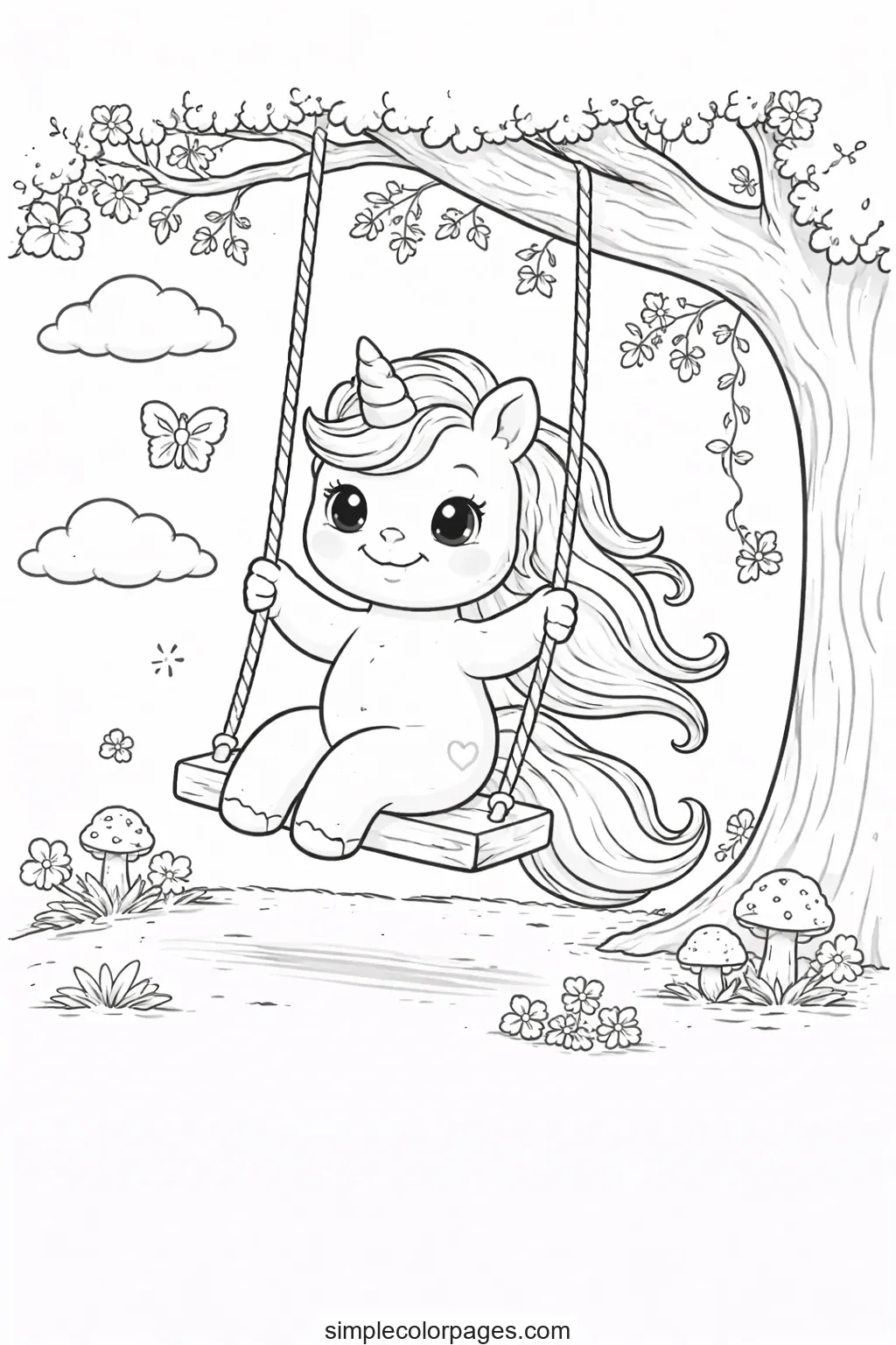Preview of Unicorn on Tree Swing Coloring Page