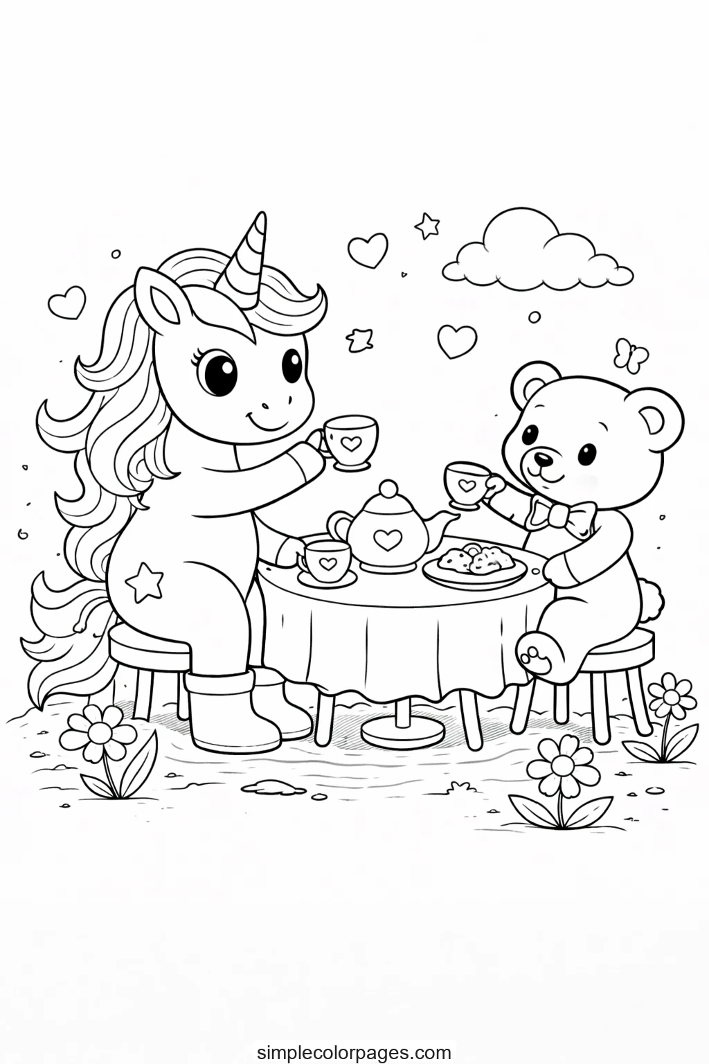 Preview of Unicorn Tea Party Coloring Page