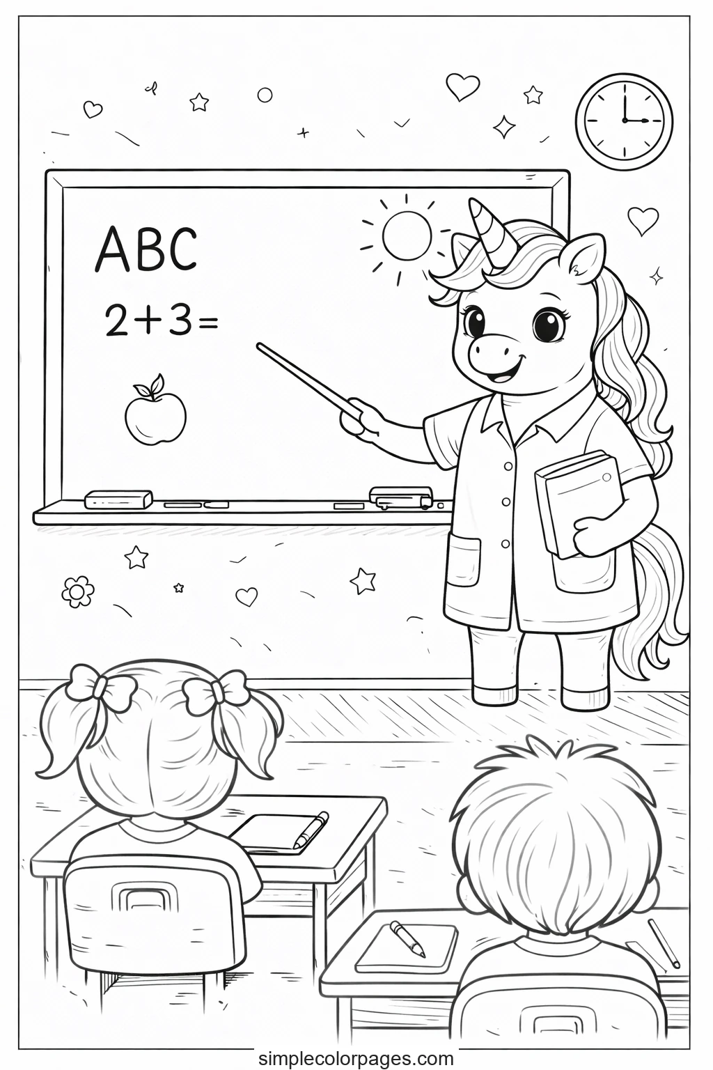 Preview of Unicorn Teacher in Classroom Coloring Page
