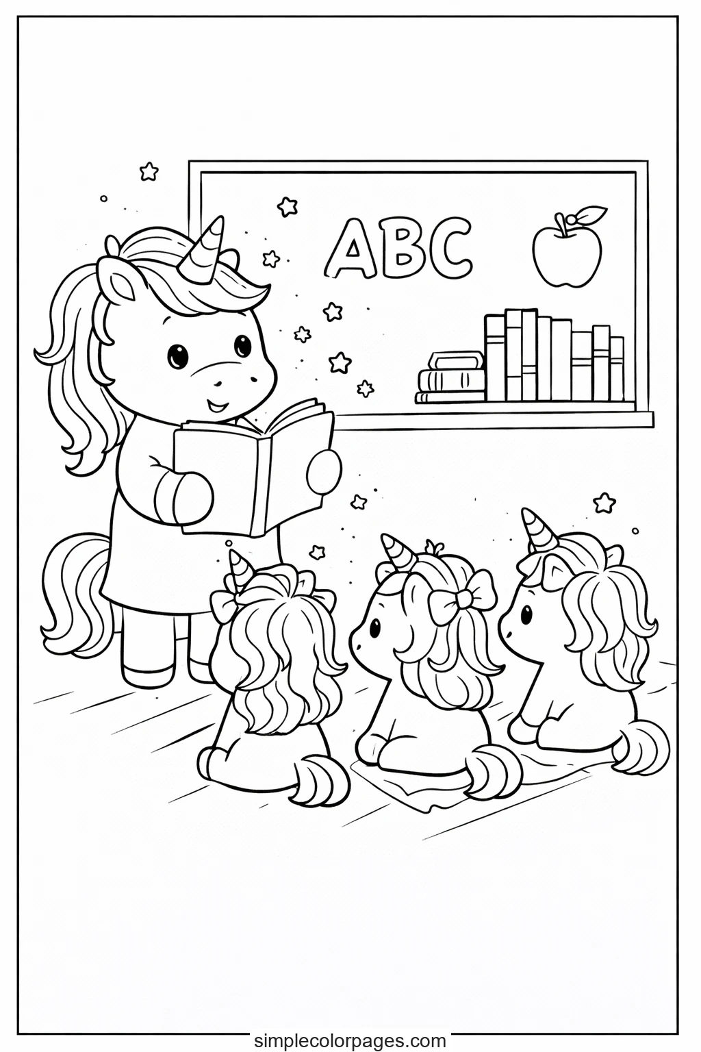 Preview of Unicorn Teacher Reading to Class Coloring Page