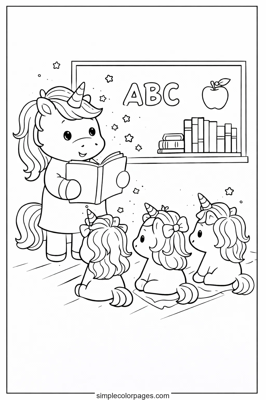 Preview of Unicorn Teacher Reading to Class Coloring Page