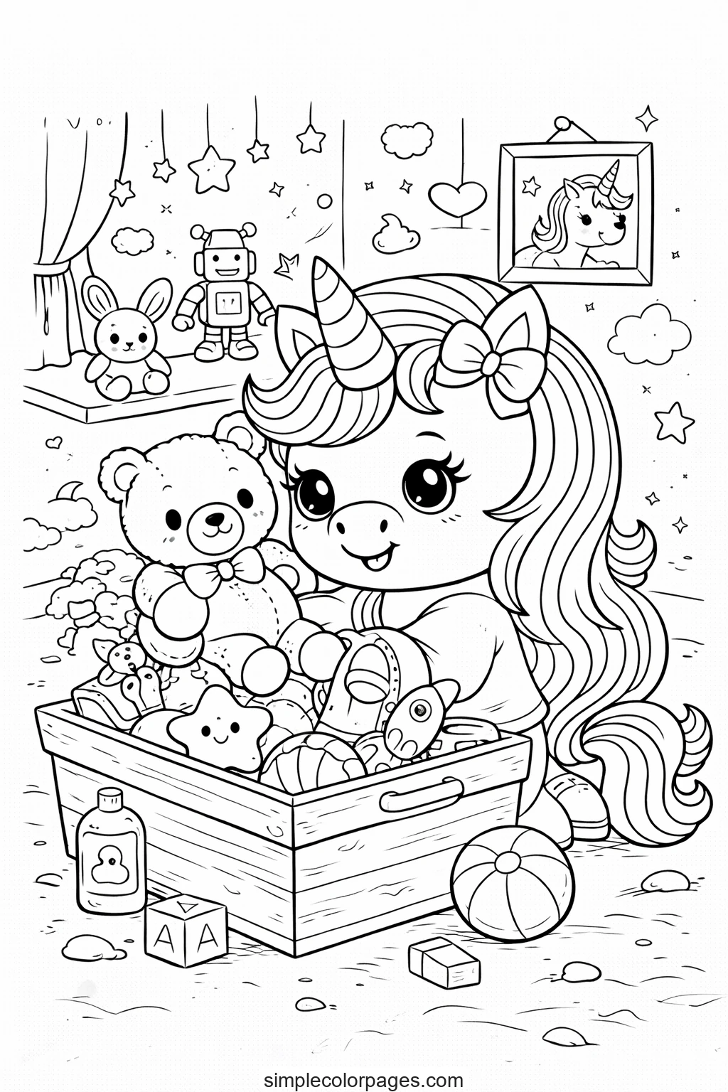 Preview of Unicorn Toy Box Coloring Page