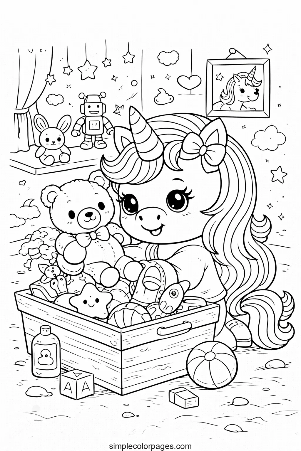 Preview of Unicorn Toy Box Coloring Page