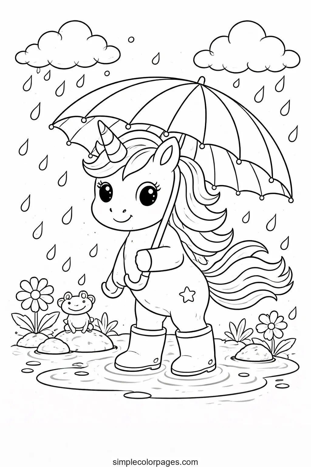 Preview of Unicorn with Umbrella in Rain Coloring Page