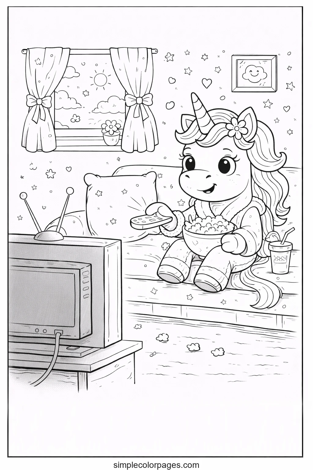 Preview of Unicorn Watching TV Coloring Page