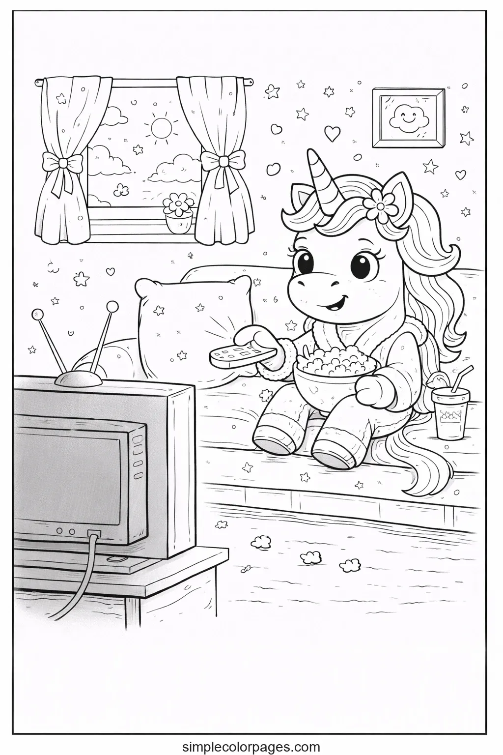 Preview of Unicorn Watching TV Coloring Page