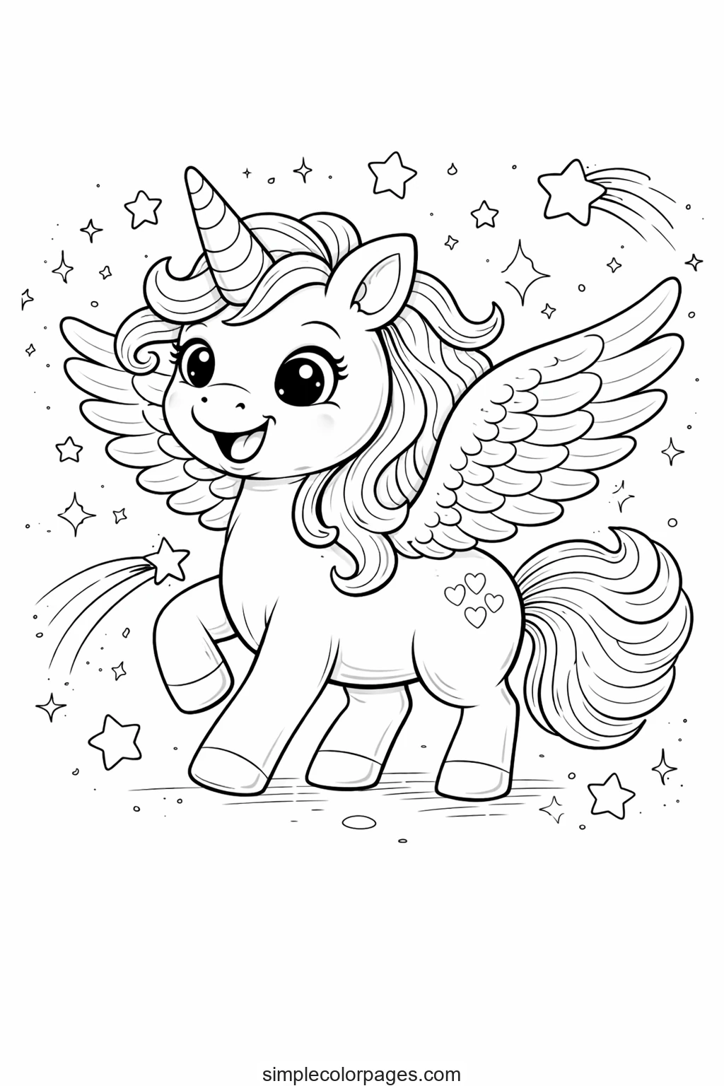 Preview of Unicorn Wings and Stars Coloring Page